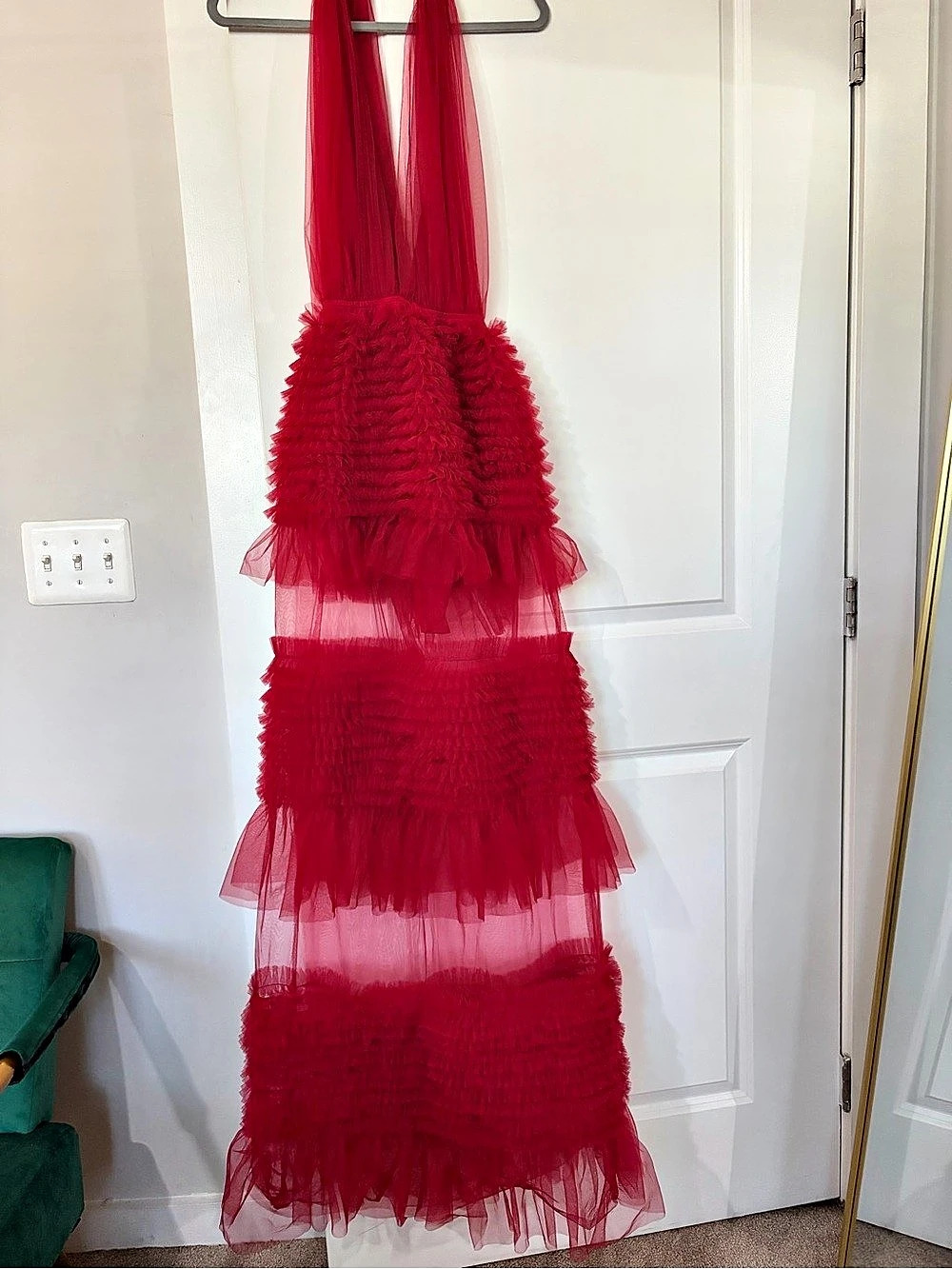 Meshki  Red Tiered Tulle Maxi Dress